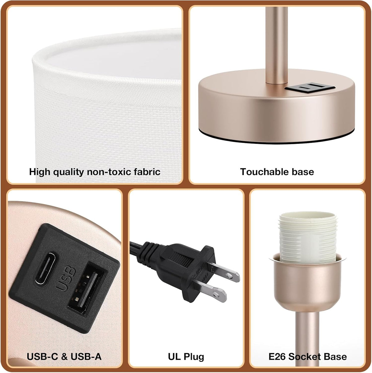 Dicoool Bedside Table Lamp for Bedroom - 3-Way Dimmable Touch Lamp, USB A+C