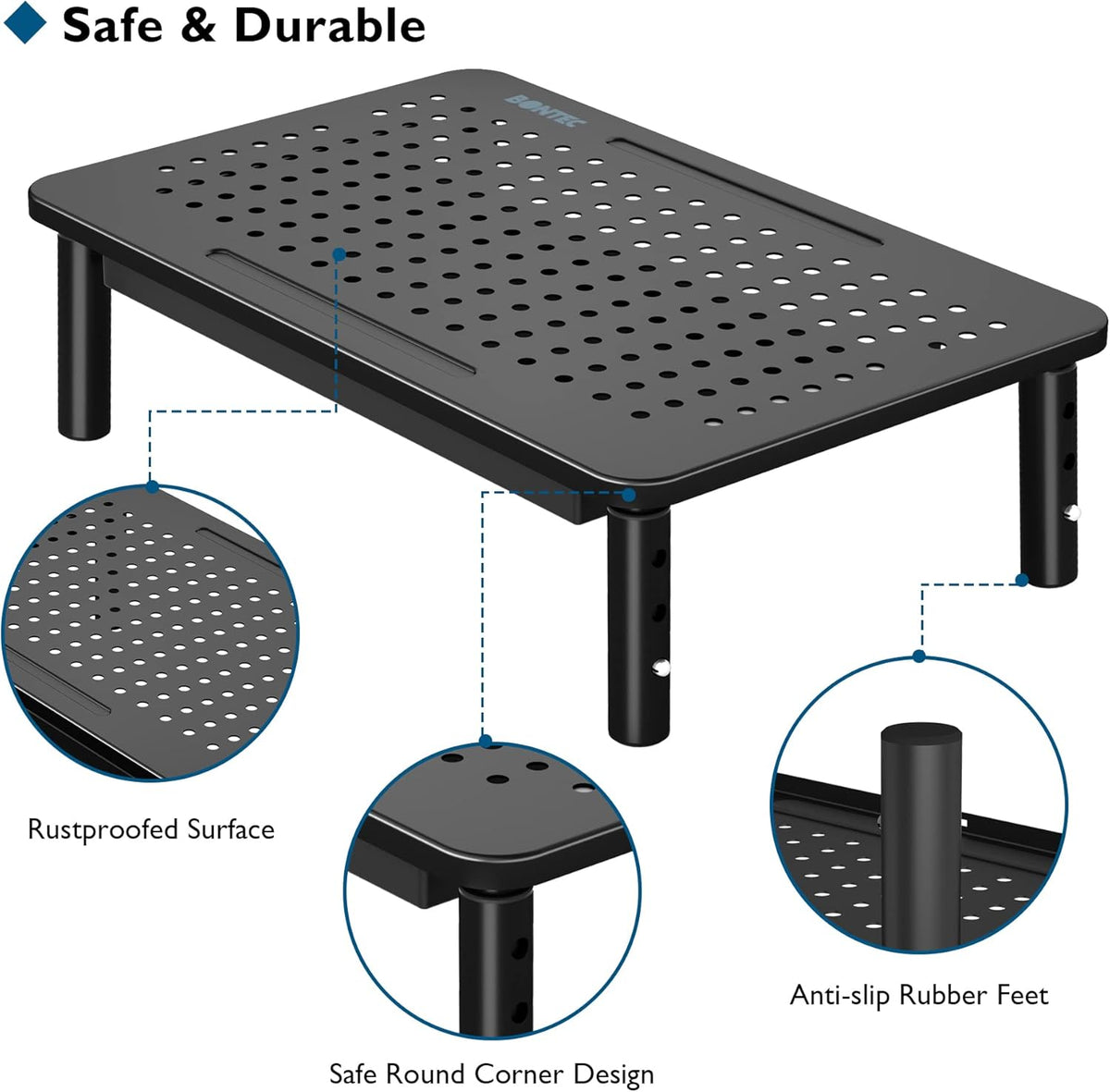 BONTEC Adjustable Monitor Stand Riser with Drawer, Ergonomic Mesh Platform Computer Monitor Stand for Desk, Ventilated Laptop and PC Stand with Cable Management, Supports up to 44lbs