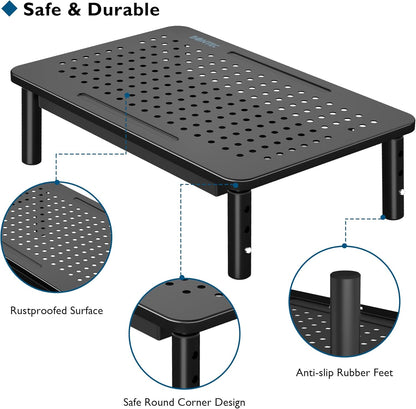 BONTEC Adjustable Monitor Stand Riser with Drawer, Ergonomic Mesh Platform Computer Monitor Stand for Desk, Ventilated Laptop and PC Stand with Cable Management, Supports up to 44lbs