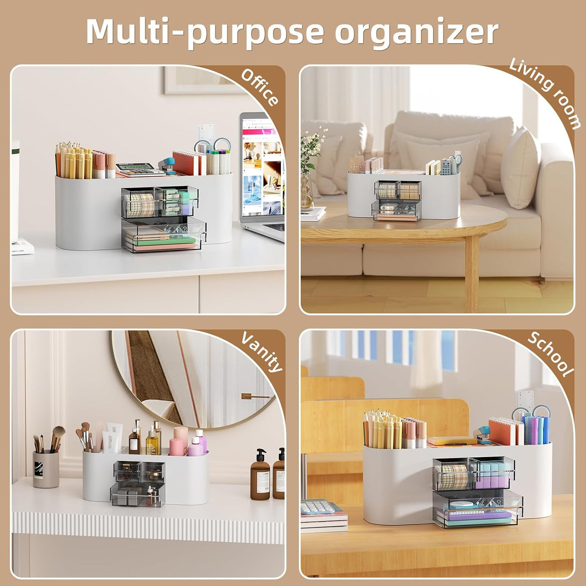 Marbrasse Desk Organizer Pen Holder for Desk with 3 Drawers, Multi-Functional Pencil Holder, Desk Organizers and Accessories with 7 Compartments for Home, School, Classroom(Pink)