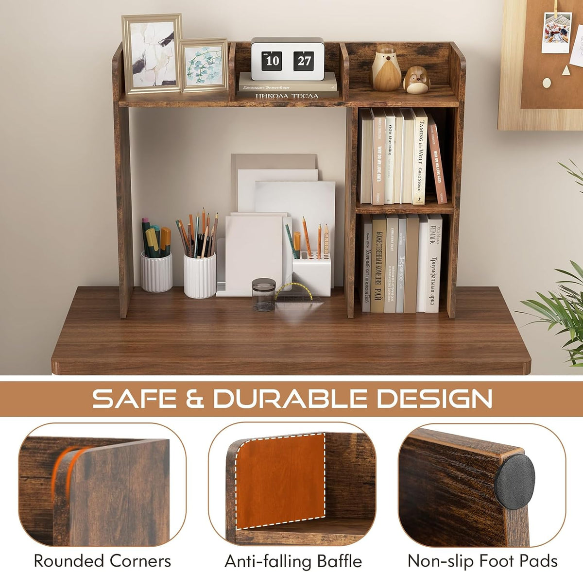 Desktop Bookshelf, Countertop Storage Hutch with 5 Shelves for Computer Desk, Desk 3-Tier Display Rack, Multipurpose Wood Desktop Hutch Storage Organizer for Dorm Office Home