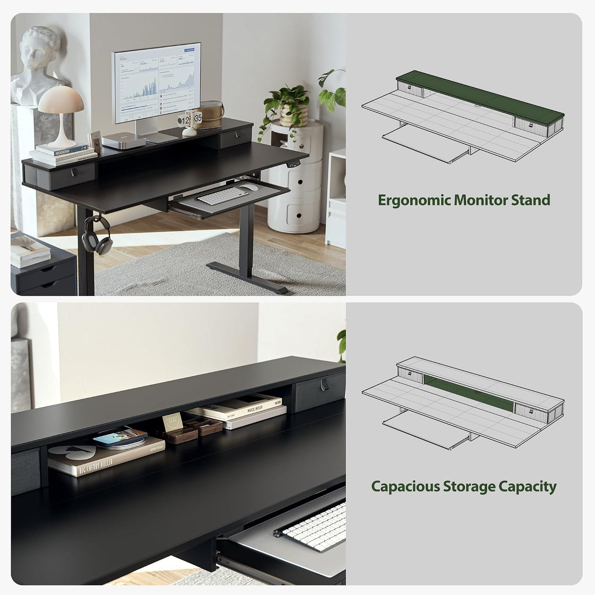 48 * 24 Inch Electric Standing Desk with Shelf & Led, Dark Walnut