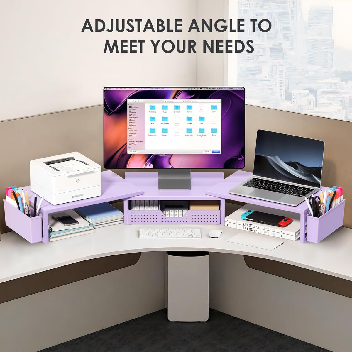 OPNICE Desk Organizers and Accessories, Dual Monitor Stand Riser with Drawer and 2 Pen Holders, Desk Shelf Metal Computer Racks for Office Workspace Organizers, Desktop Organization (Black Metal)