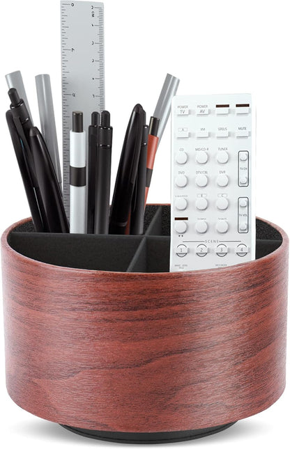 Round Leather Art Supply Organizer,Remote Control Holder,360 Degree Rotating,Multi-Functional Pencil Holder,4 Compartments Desktop Stationary Organizer(1-Blue Bird) - Colors C