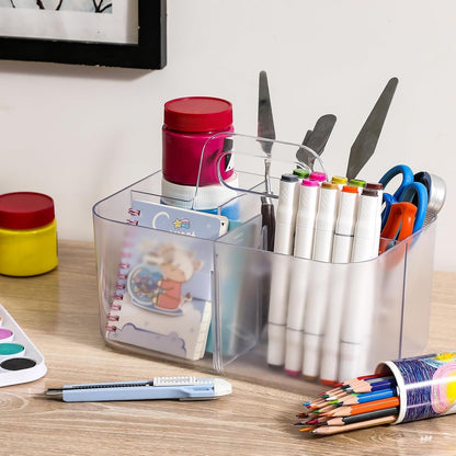 Multiuse Caddy Organizer with Handle, Portable Divided Plastic Tote Bin - Art Craft, Stationary Pen Marker Crayons, Makeup Hair Supplies Storage - Bathroom, Classroom, Dorm, Office, Desk Holder -Black