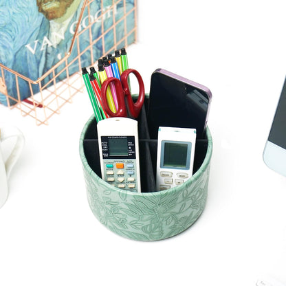 Round Leather Art Supply Organizer,Remote Control Holder,360 Degree Rotating,Multi-Functional Pencil Holder,4 Compartments Desktop Stationary Organizer(1-Blue Bird) - Colors A