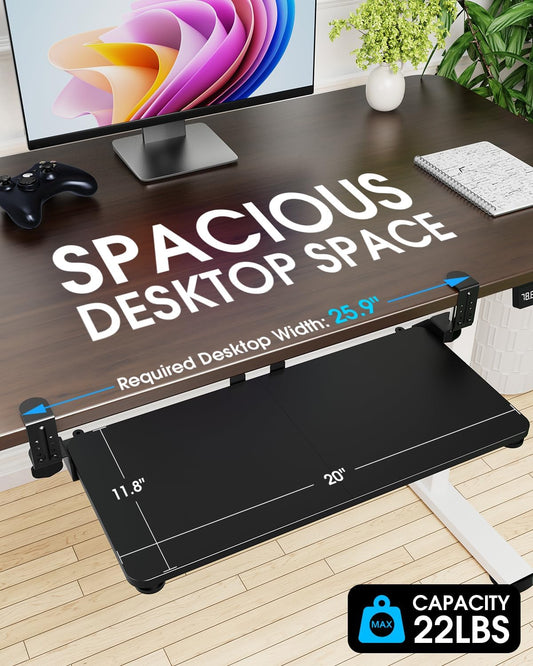 Small Keyboard Tray Under Desk, Pull Out Keyboard & Mouse Tray with Adjustable C-clamp, 20(25.9 Including Clamps) x 11.8 Inch Slide Out Computer Keyboard Drawer Mouse Tray for Typing, Walnut