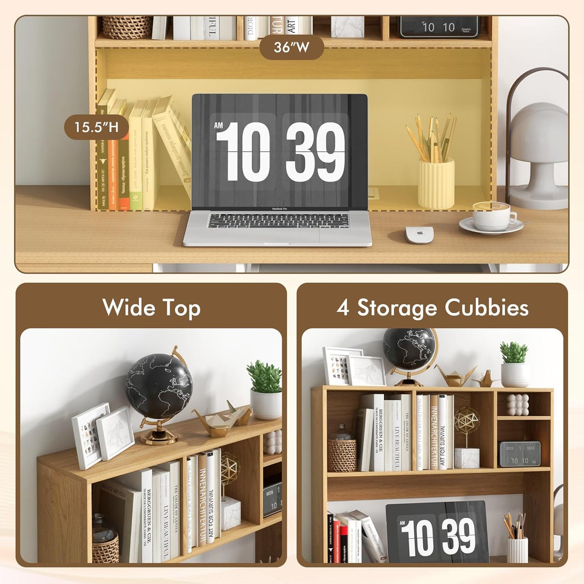 Desktop Bookshelf, Countertop Storage Hutch with 5 Shelves for Computer Desk, Desk 3-Tier Display Rack, Multipurpose Wood Desktop Hutch Storage Organizer for Dorm Office Home