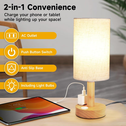 Small Bedside Table Lamp for Bedroom,Natural Round Wood Base&Fabric Linen Shade,Cozy Night Table Light for Study Reading,Minimalist Boho Desk Lamp for Nightstand,Living Room,Nursery,Kitchen,Dorm