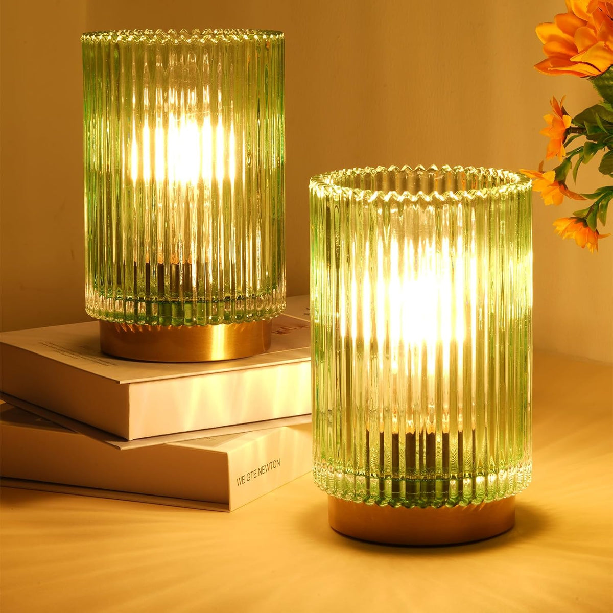 Battery Operated Lamp, Cordless Table Lamp with Timer, Desk Bedside Lamps with LED Warm Light, Glass Small Table Lamp for Bedroom, Bathroom, Living Room, Home Decor - Amber