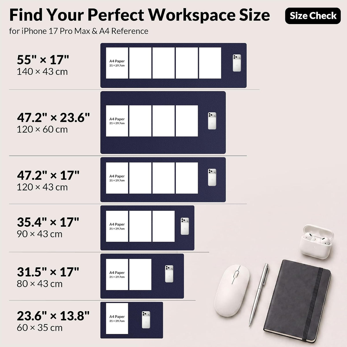 Large Desk Mat, 47" x 17", Black