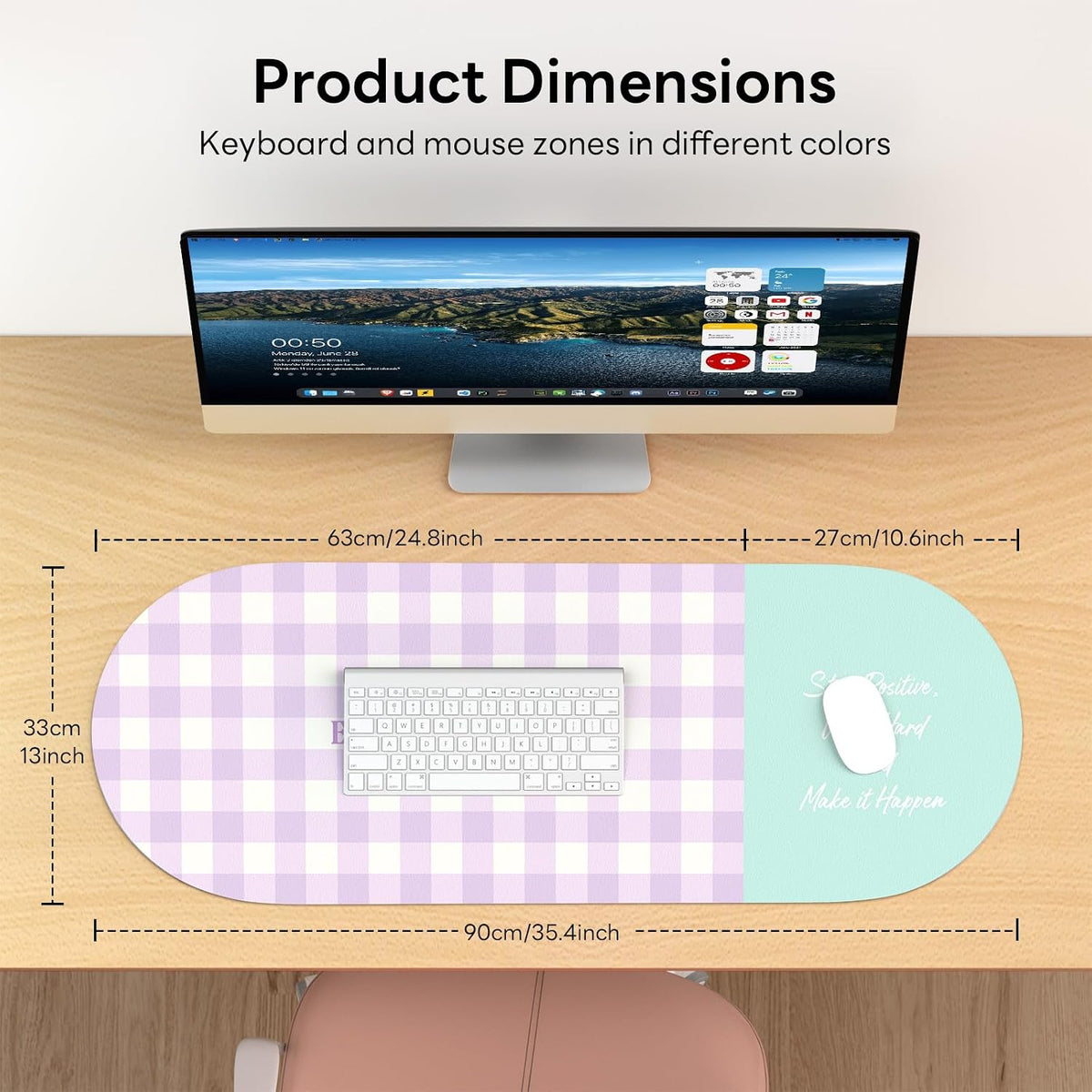 Checkered Pattern Desk Pad Protector, 35.5 x 13'' Aesthetic Mouse Mat for Desktop, Waterproof PU Leathe Non-Slip Desk Writing Pad for Office and Home, Green and Purple
