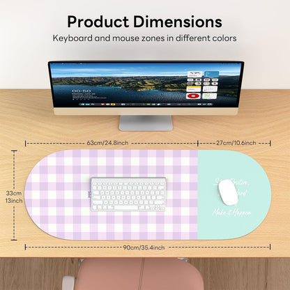 Checkered Pattern Desk Pad Protector, 35.5 x 13'' Aesthetic Mouse Mat for Desktop, Waterproof PU Leathe Non-Slip Desk Writing Pad for Office and Home, Green and Purple
