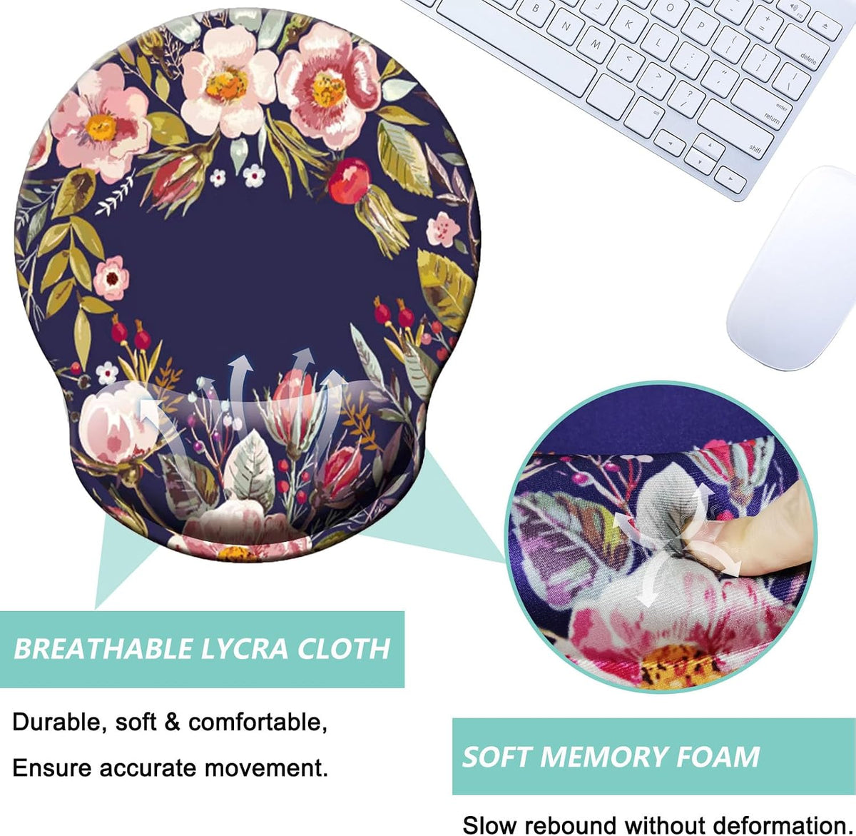 Mouse Pad with Wrist Support, Ergonomic Mouse Pad with Memory Foam Wrist Rest Cushion, Non-Slip Rubber Base Gaming Mice Pad for Home Office Computer Laptop, Flower Black