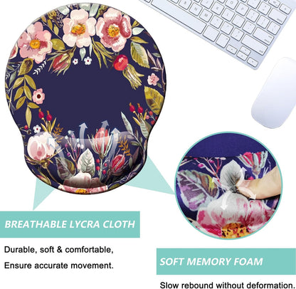 Mouse Pad with Wrist Support, Ergonomic Mouse Pad with Memory Foam Wrist Rest Cushion, Non-Slip Rubber Base Gaming Mice Pad for Home Office Computer Laptop, Flower Black