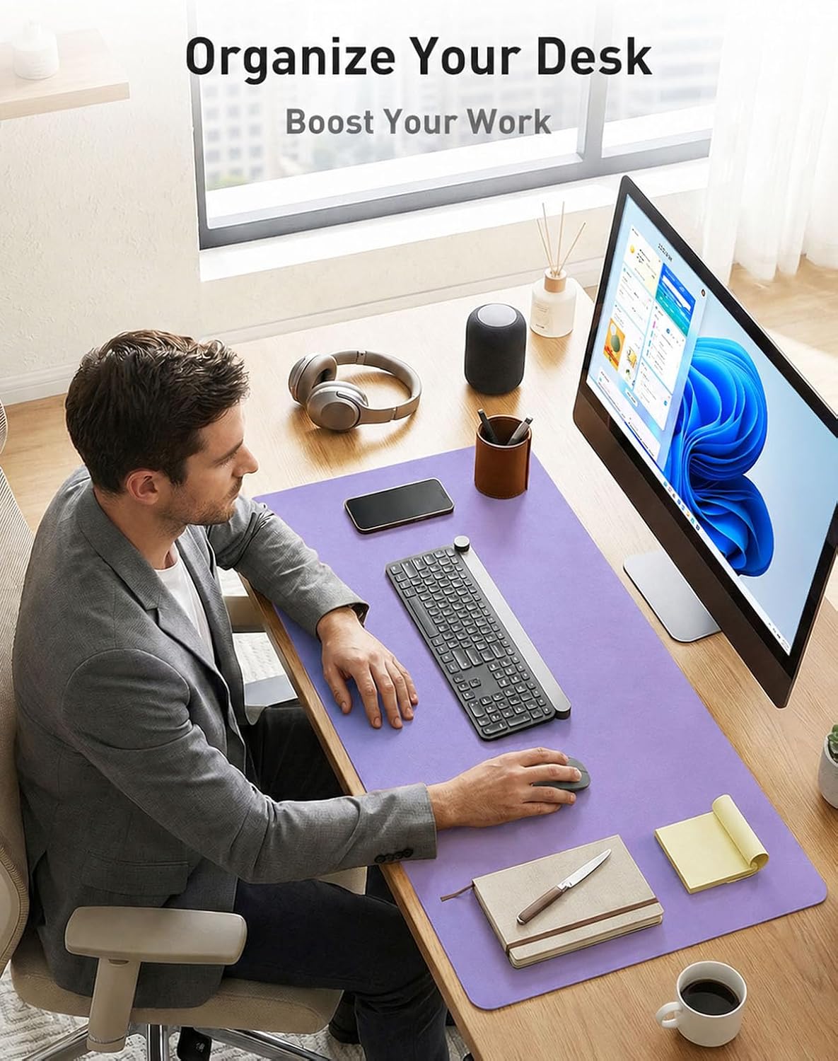 Aothia Leather Office Desk Pad Protector, Non-Slip PU Leather Desk Blotter, Waterproof Laptop Writing Mouse Pad for Office and Home, Black, 31.5" x 15.7" - Colors B