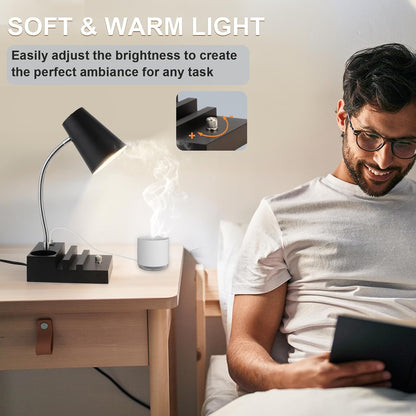 LALISU Study Desk Lamp with USB Charging and Type-C Night Light, Gooseneck LED Table Lamp Stepless Dimming Study Table Lamp with Pen Holder for College Dorm Bedroom and Office (Black)