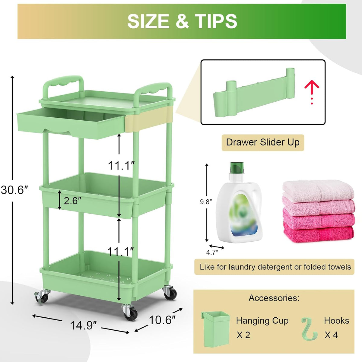 Goovilla 3 Tier Rolling Utility Cart Organizer with Removable Drawer, Stable and Sturdy Black Rolling Storage Carts with 2 Lockable Wheels for Bathroom, Kitchen, Snack, Craft, Makeup, Baby Essentials