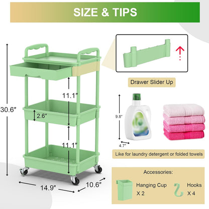 Goovilla 3 Tier Rolling Utility Cart Organizer with Removable Drawer, Stable and Sturdy Black Rolling Storage Carts with 2 Lockable Wheels for Bathroom, Kitchen, Snack, Craft, Makeup, Baby Essentials