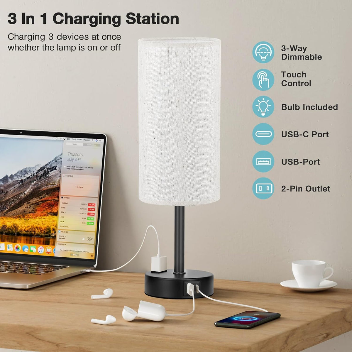 Fenmzee Bedside Table Lamp for Bedroom - Dimmable Touch, USB A+C, AC Outlet