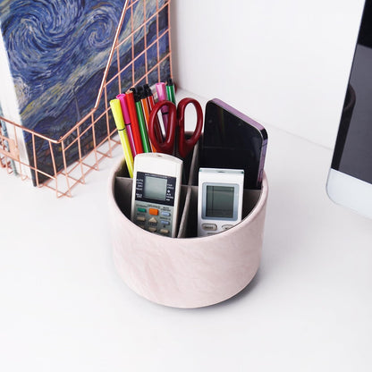Round Leather Art Supply Organizer,Remote Control Holder,360 Degree Rotating,Multi-Functional Pencil Holder,4 Compartments Desktop Stationary Organizer(1-Blue Bird) - Colors A