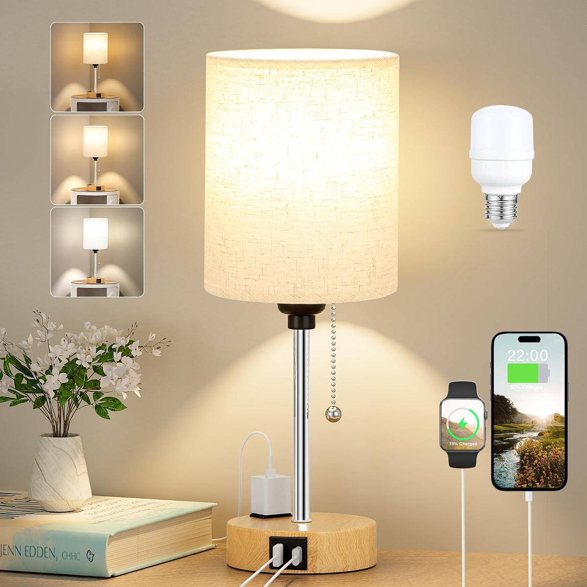 Dicoool Bedside Table Lamp for Bedroom - Small Desk Lamp with USB Ports