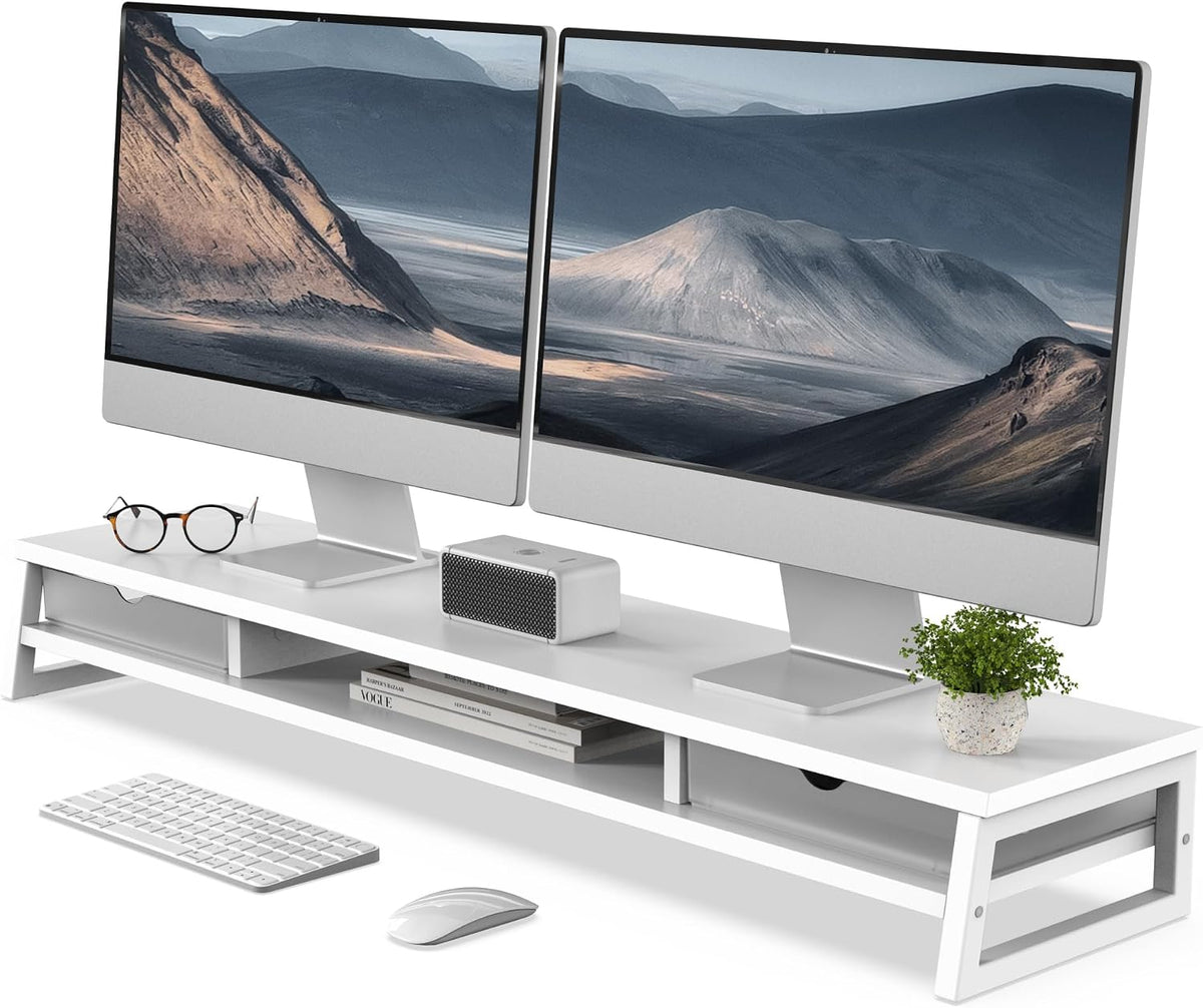 Fenge Dual Monitor Stand, Monitor Riser with Drawer, 42.5 Inch Large Computer Monitor Stand for 2 Monitors, 2 Tier Wooden Desk Shelf for Top of Desk
