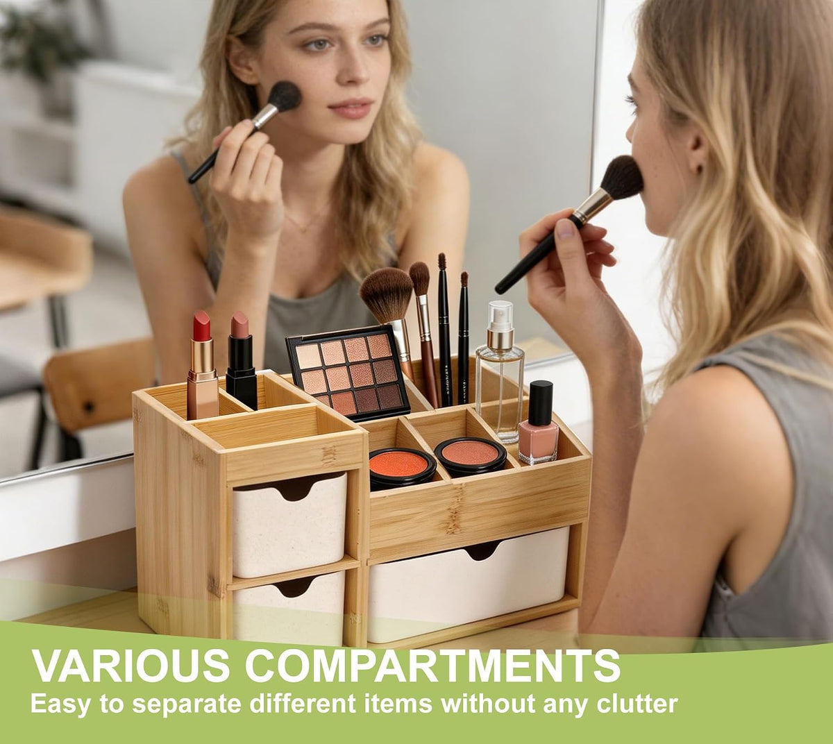 Bamboo Vanity Organizers with 3 Drawer, Mini Desk Organizer for Home, 3-tier Study/Office Organizer Rack, Adjustable 5 Compartment Makeup Display Case, Dresser Storage for Lipstick, Jewelry, Nail Care