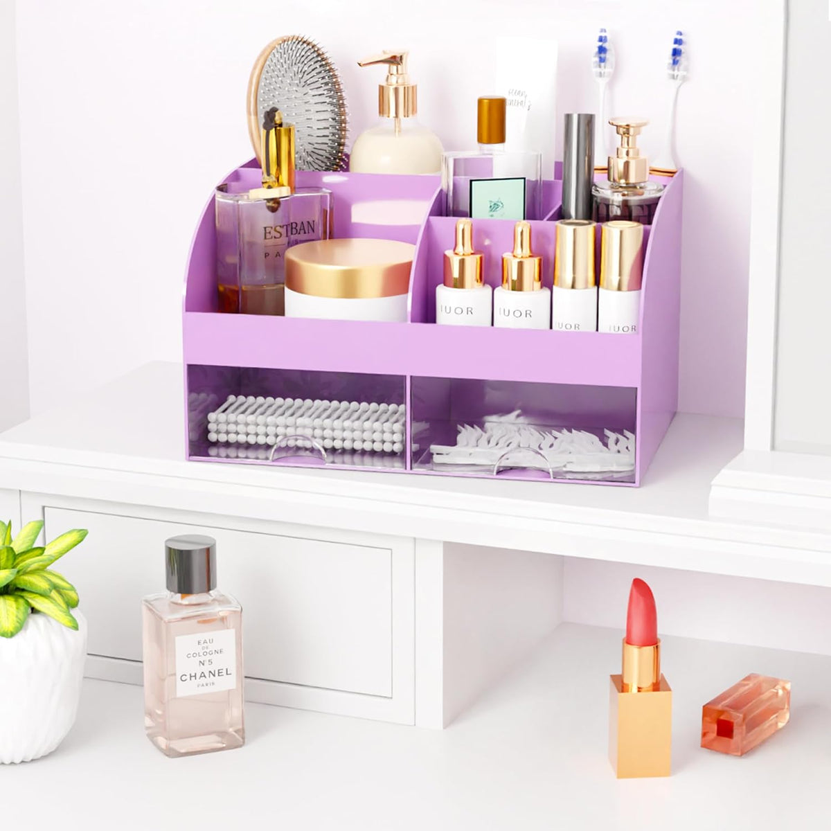 Makeup Organizer with Drawers, Cosmetic Storage for Dresser Vanity and Bathroom Countertop, Beauty Holder for Lipstick Brush, Skincare Organizer for Vanity, Cosmetic Display Case (White)