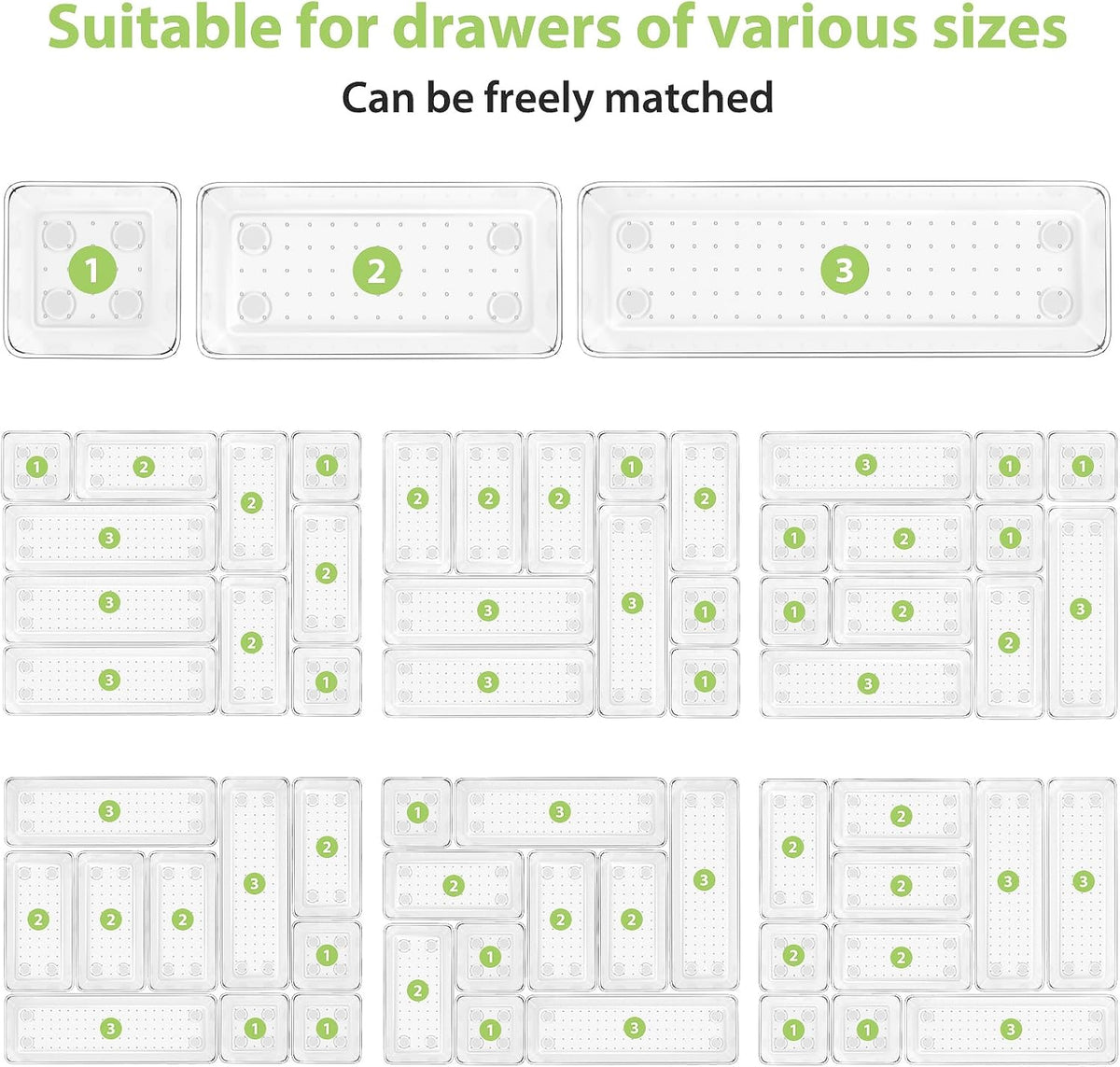 Clear Drawer Organizer Set, 3 Sizes Bathroom Vanity Organizer Trays and Storage Bins for Makeup, Cosmetics, Jewelry, and Gadgets. Perfect for Office, Kitchen, Bedroom, Bathroom Use.