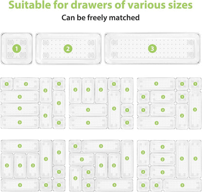Clear Drawer Organizer Set, 3 Sizes Bathroom Vanity Organizer Trays and Storage Bins for Makeup, Cosmetics, Jewelry, and Gadgets. Perfect for Office, Kitchen, Bedroom, Bathroom Use.