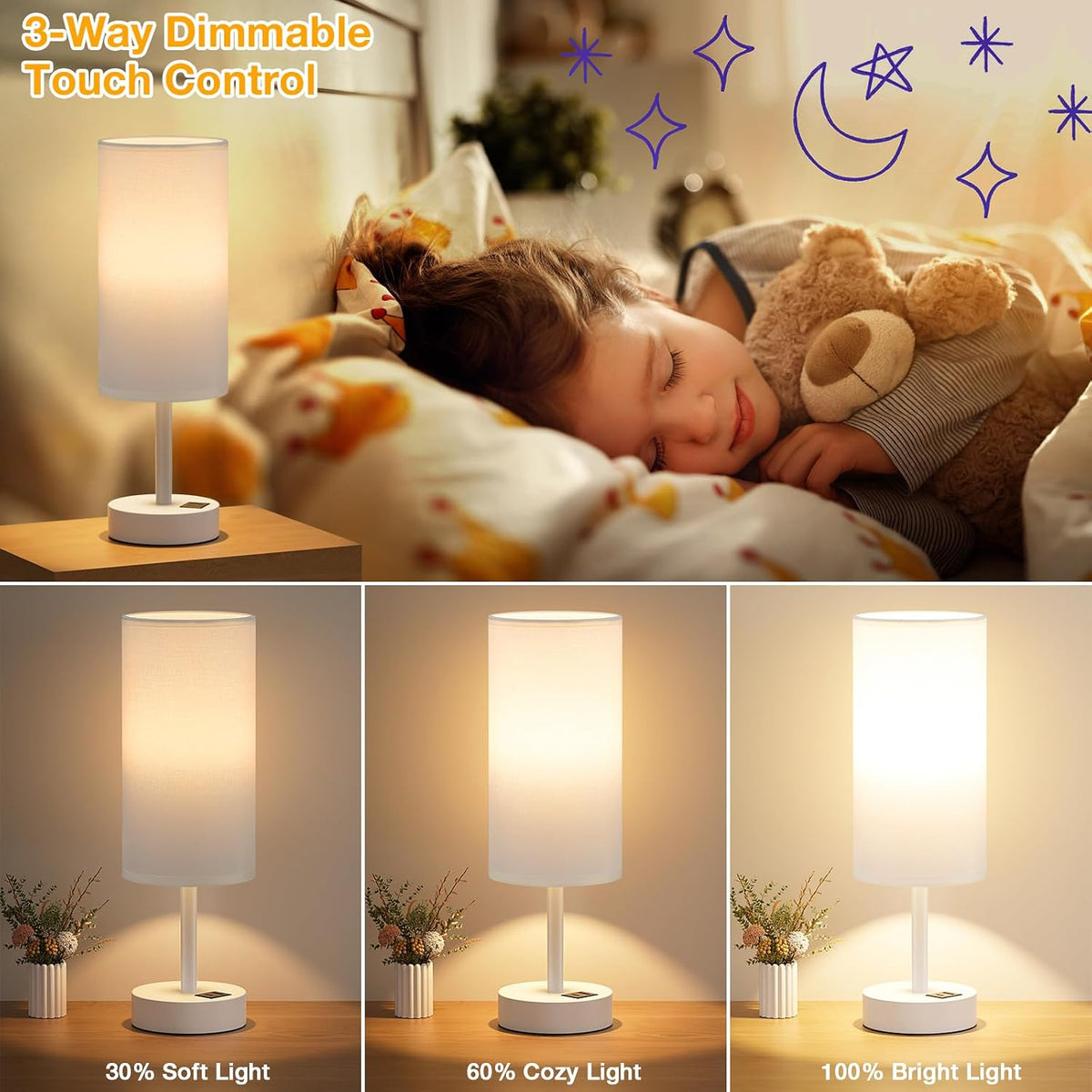 Dicoool Bedside Table Lamp for Bedroom - 3-Way Dimmable Touch Lamp, USB A+C