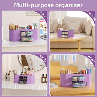 Marbrasse Desk Organizer Pen Holder for Desk with 3 Drawers, Multi-Functional Pencil Holder, Desk Organizers and Accessories with 7 Compartments for Home, School, Classroom(Pink)