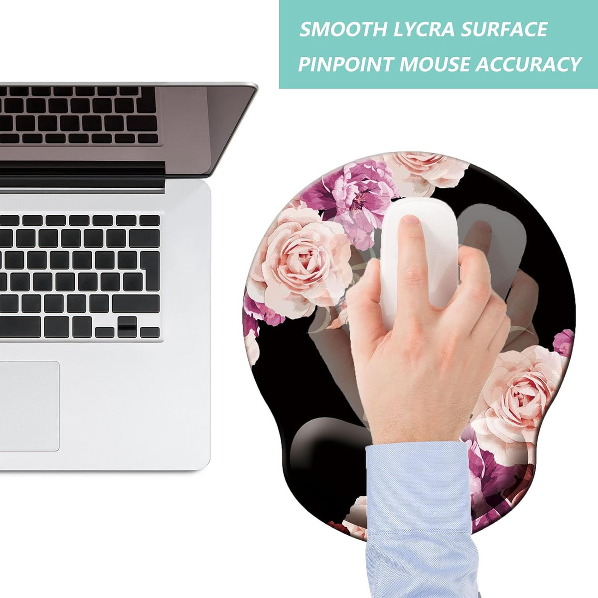 Mouse Pad with Wrist Support, Ergonomic Mouse Pad with Memory Foam Wrist Rest Cushion, Non-Slip Rubber Base Gaming Mice Pad for Home Office Computer Laptop, Flower Black