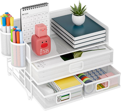 Marbrasse 3 Tier Mesh Desk Organizer with Drawer, Multi-Functional Desk Organizers and Accessories, Paper Letter Organizer with 2 Pen Holder for Home Office Supplies (Black)