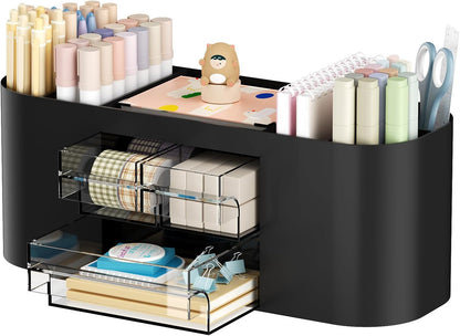 Marbrasse Desk Organizer Pen Holder for Desk with 3 Drawers, Multi-Functional Pencil Holder, Desk Organizers and Accessories with 7 Compartments for Home, School, Classroom(Pink)