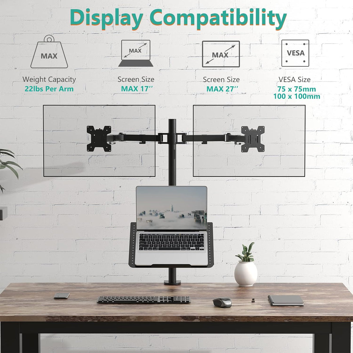 WALI Single Arm Laptop and Monitor Desk Mount for 17" Notebook and Up to 32" Screen, 2-in-1 Adjustable Monitor Arm with Laptop Tray, VESA 75x75 100x100,Holds 22-26.4 lbs, Black (GSMP001NLP)