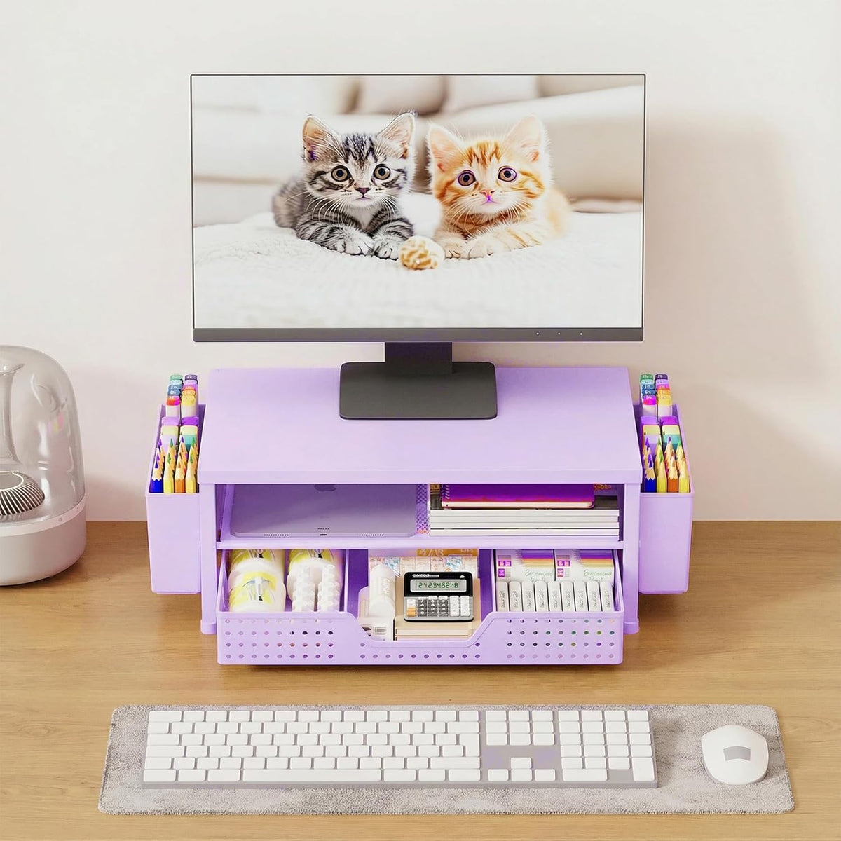 Desk Organizers and Accessories, Computer Monitor Stand Riser with Drawer and 2 Pen Holders, Printer & Laptop Stand, Office Desk Accessories & Workspace Organizers for Home Office Supplies, Black