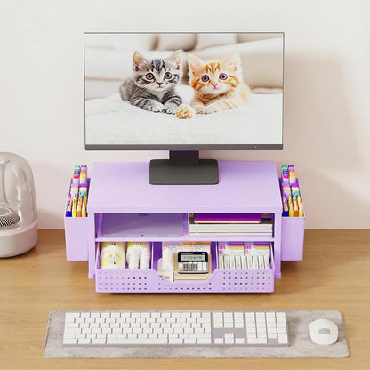 Desk Organizers and Accessories, Computer Monitor Stand Riser with Drawer and 2 Pen Holders, Printer & Laptop Stand, Office Desk Accessories & Workspace Organizers for Home Office Supplies, Black
