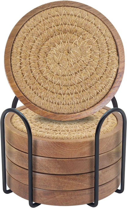 Wood Coasters for Drinks, Eykao Absorbent Coaster Sets of 5, Woven Drink Coasters for Coffee Table, Housewarming Gift for Farmhouse Home Decor,4 inches