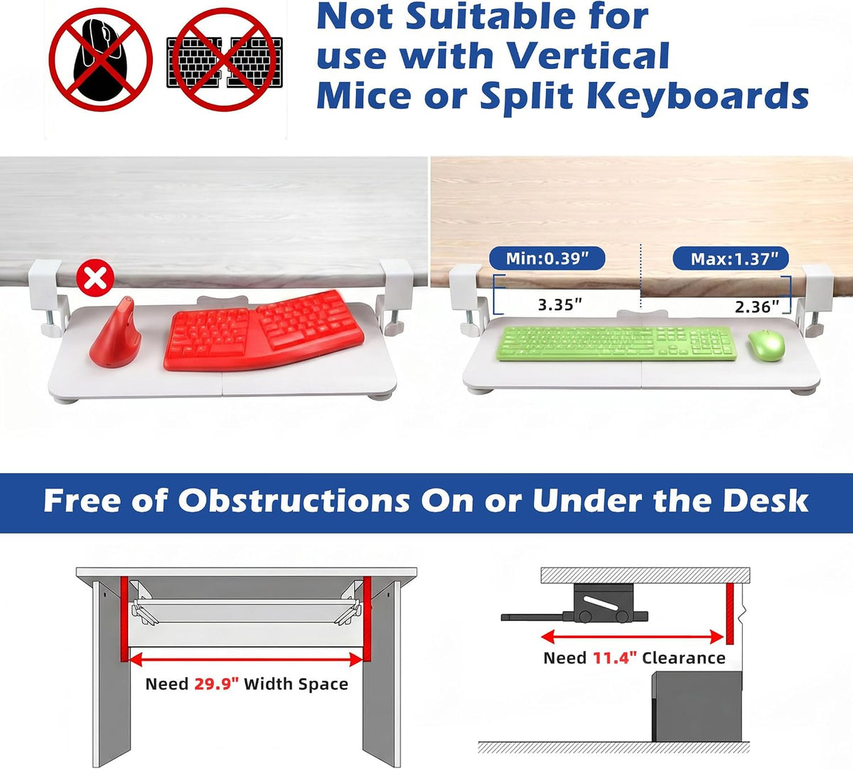 White Keyboard Tray Under Desk Clamp, 26.77" Large Under Desk Keyboard Tray Slide Out, Ergonomic Keyboard and Mouse Tray with Wrapped Edge Finish, Modern Desk Extender for Home Office