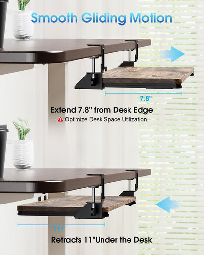 Small Keyboard Tray Under Desk, Pull Out Keyboard & Mouse Tray with Adjustable C-clamp, 20(25.9 Including Clamps) x 11.8 Inch Slide Out Computer Keyboard Drawer Mouse Tray for Typing, Walnut