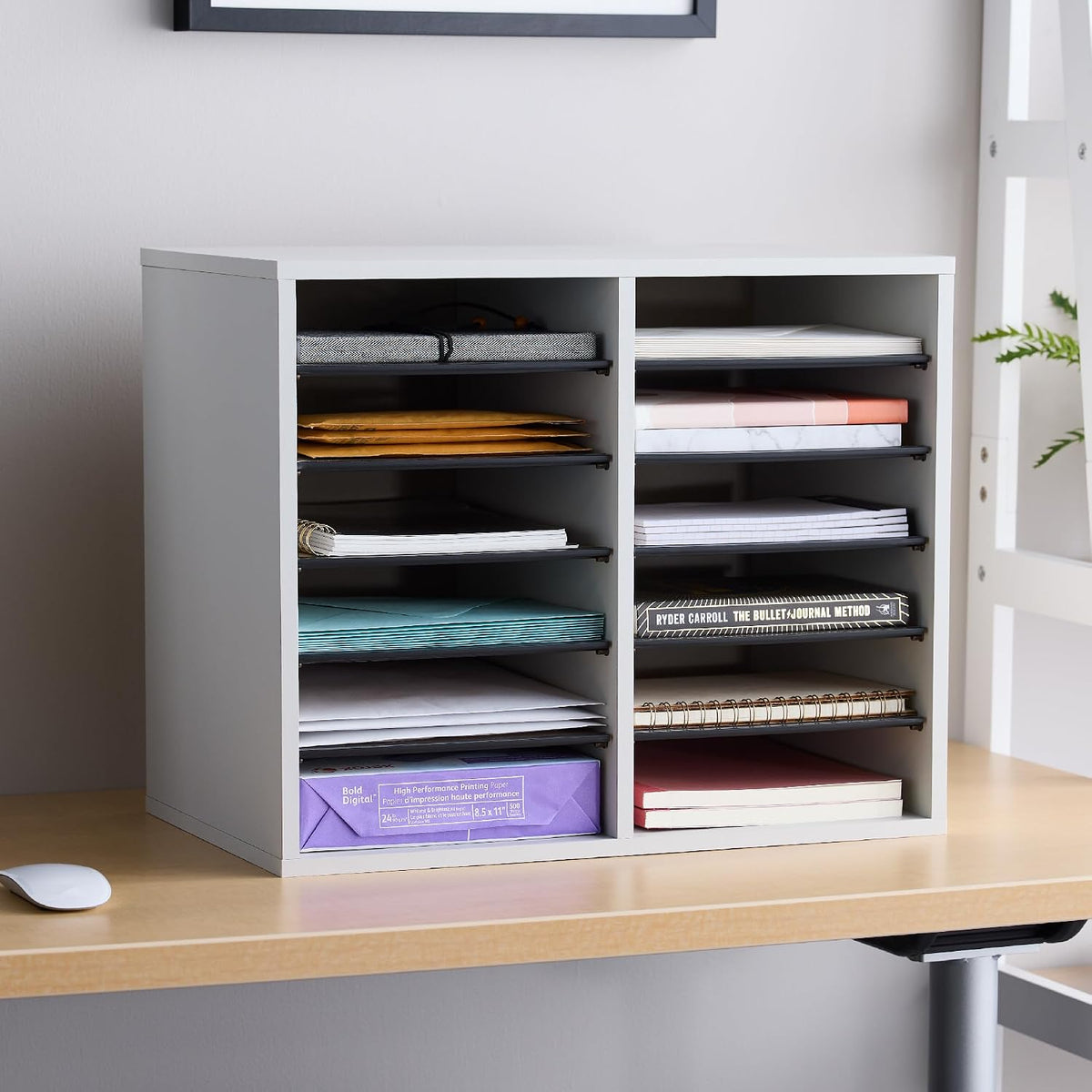 Safco 9422GR Wood Adjustable Literature & Paper Organizer, 16 Adjustable Compratment, Stackable Durable Construction, Home, Office, Mailroom, Classroom Mailbox , Gray