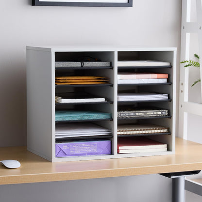 Safco 9422GR Wood Adjustable Literature & Paper Organizer, 16 Adjustable Compratment, Stackable Durable Construction, Home, Office, Mailroom, Classroom Mailbox , Gray