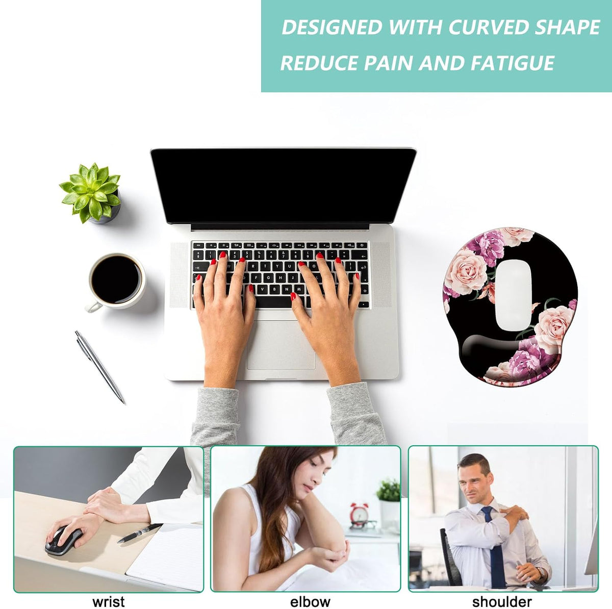 Mouse Pad with Wrist Support, Ergonomic Mouse Pad with Memory Foam Wrist Rest Cushion, Non-Slip Rubber Base Gaming Mice Pad for Home Office Computer Laptop, Flower Black