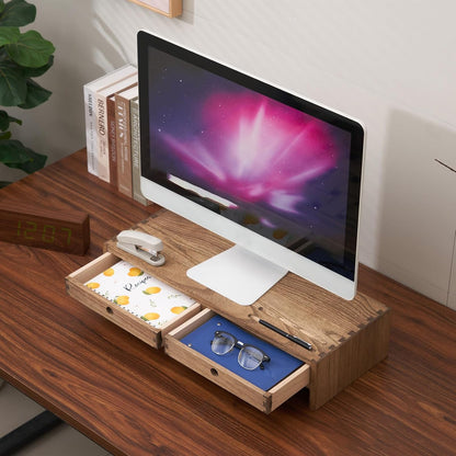 KIRIGEN Wood Monitor Stand with 2 Drawers, Solid Wood Computer Monitor Riser for Desk, Desktop Organizer Shelf with Cable Management, Pen Slots, Brown, No Assembly PMJ-DBR