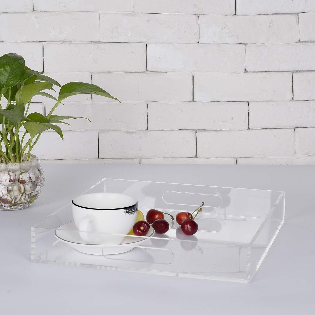 KEVLANG Glossy White Sturdy Acrylic Serving Tray with Handles-12x20 Inch-Serving Coffee Appetizer Breakfast-Kitchen Countertop Makeup Drawer Organizer-Vanity Table Ottoman Decorative Tray