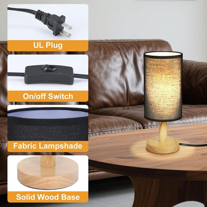 Small Bedside Table Lamp for Bedroom,Natural Round Wood Base&Fabric Linen Shade,Cozy Night Table Light for Study Reading,Minimalist Boho Desk Lamp for Nightstand,Living Room,Nursery,Kitchen,Dorm