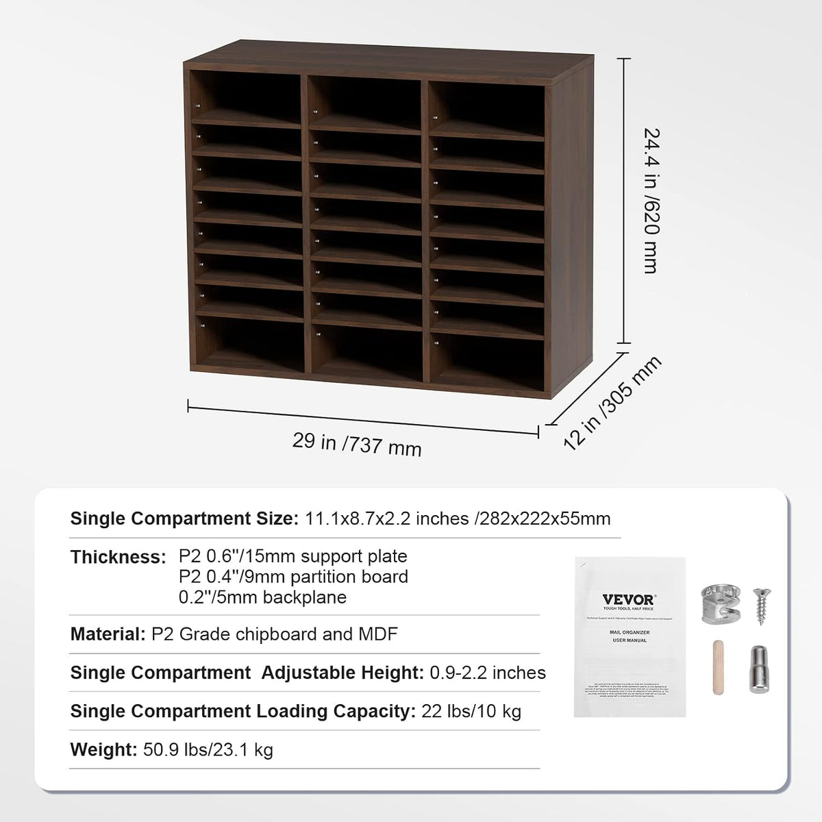 VEVOR Literature Organizers, 12 Compartments Office Mailbox with Adjustable Shelves, Wood Literature Sorter 20.4x12x16.1 inches for Office, Home, Classroom, Mailrooms Organization, EPA Certified White