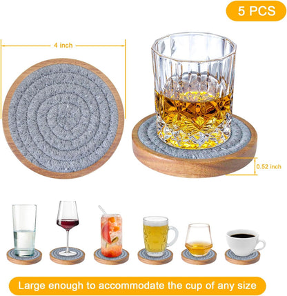 Wood Coasters for Drinks, Eykao Absorbent Coaster Sets of 5, Woven Drink Coasters for Coffee Table, Housewarming Gift for Farmhouse Home Decor,4 inches